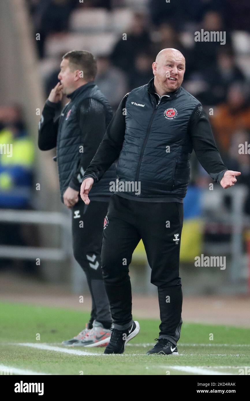 Fleetwood Town Manager Stephen Crainey während des Sky Bet League 1-Spiels zwischen Sunderland und Fleetwood Town am Dienstag, den 8.. März 2022 im Stadium of Light, Sunderland. (Foto von Mark Fletcher/MI News/NurPhoto) Stockfoto