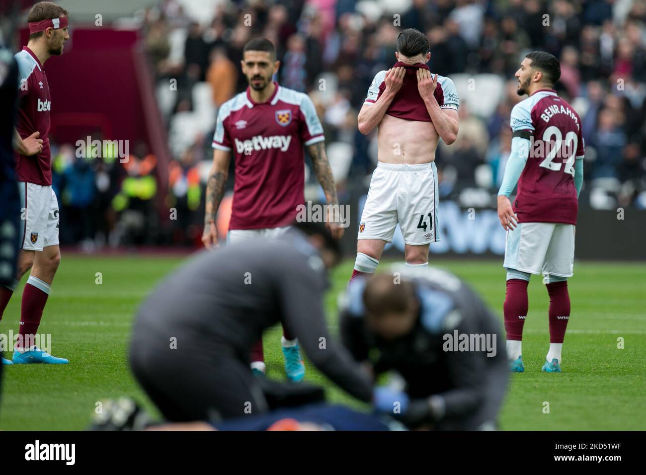 Declan Rices of West Ham ist am Sonntag, den 13.. März 2022, beim Premier League-Spiel zwischen West Ham United und Aston Villa im London Stadium in Stratford zu sehen. (Foto von Federico Maranesi/MI News/NurPhoto) Stockfoto