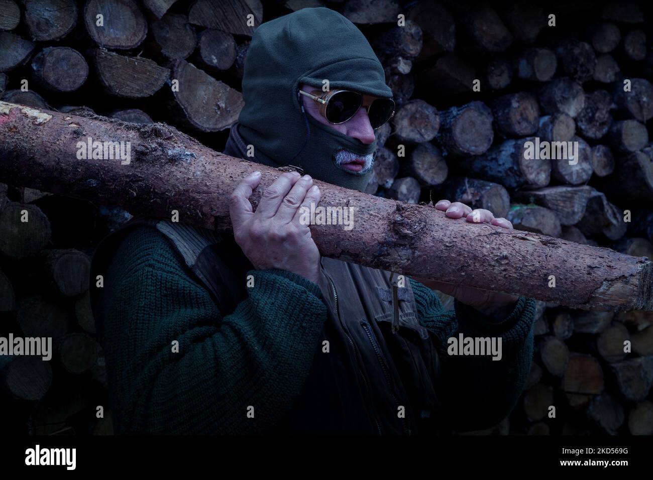 Im Mondlicht stiehlt der Holzdieb Brennholz im Wald. Stockfoto