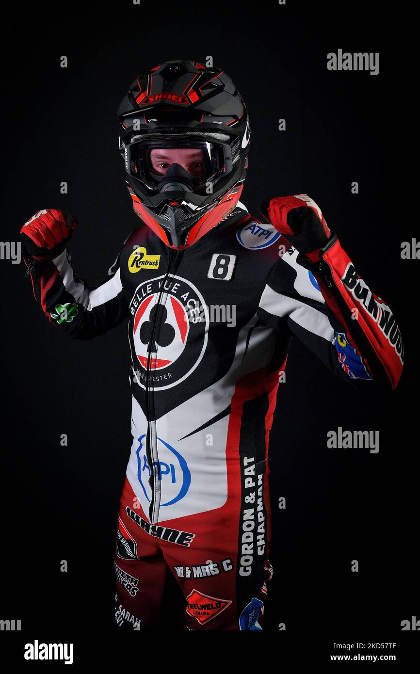 Connor Bailey (Nummer 8) von Belle Vue ATPI Aces während des Belle Vue Aces Press Day im National Speedway Stadium am Montag, den 14.. März 2022. (Foto: Eddie Garvey/MI News/NurPhoto) Stockfoto