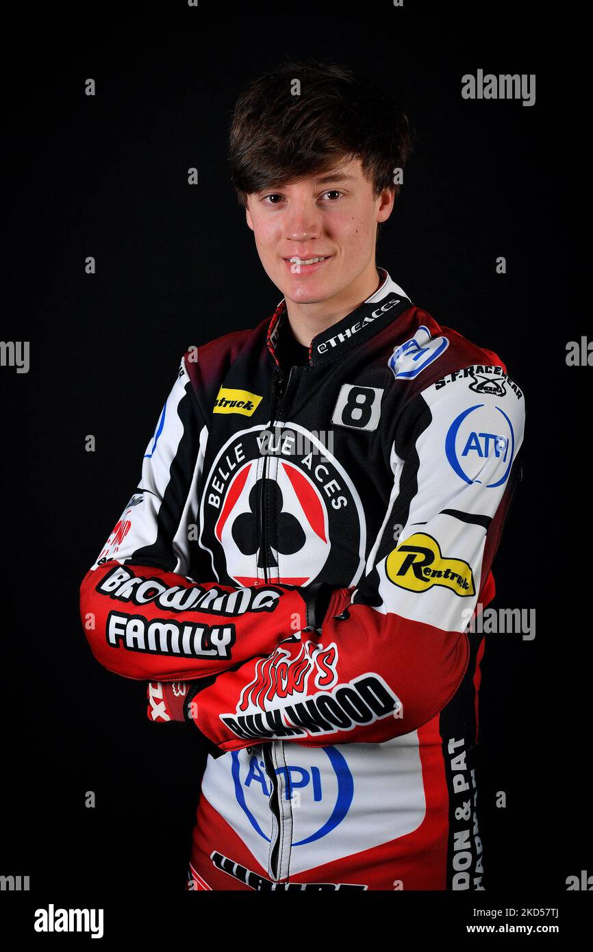 Connor Bailey (Nummer 8) von Belle Vue ATPI Aces während des Belle Vue Aces Press Day im National Speedway Stadium am Montag, den 14.. März 2022. (Foto: Eddie Garvey/MI News/NurPhoto) Stockfoto