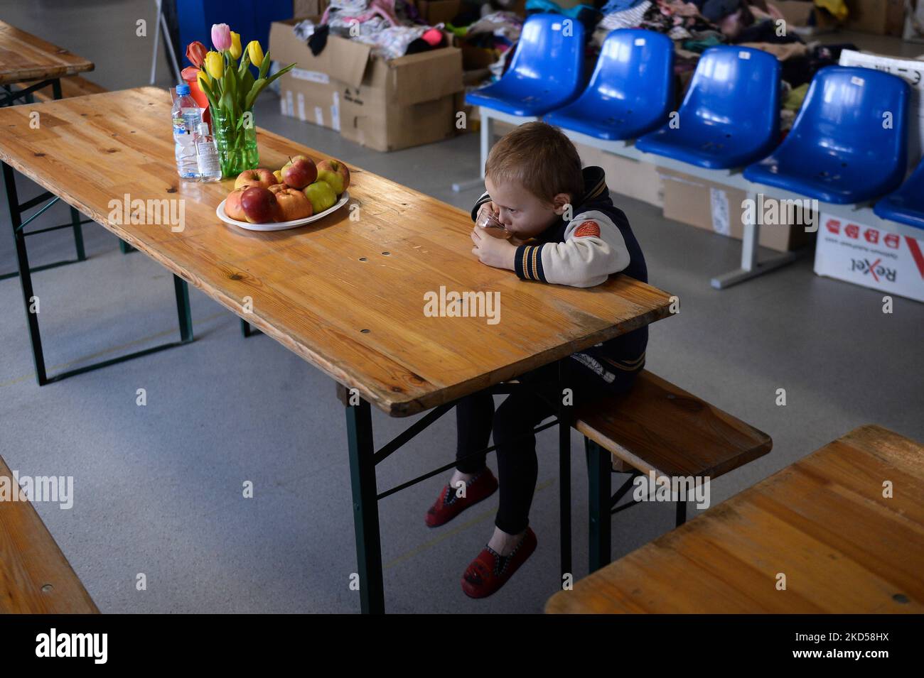 Ein Junge, der aus der Ukraine flüchtet, sitzt am Tisch im provisorischen Tierheim, das am 15. März 2022 in der Sporthalle in Krakau, Polen, organisiert wurde. Tausende Flüchtlinge aus der Ukraine kommen nach der russischen Invasion nach Polen. (Foto von Jakub Porzycki/NurPhoto) Stockfoto