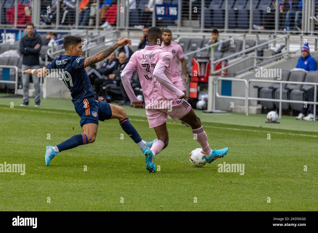 Während eines Fußballspiels der Major League zwischen dem FC Cincinnati und Inter Miami im TQL Stadium in Cincinnati, Ohio. Samstag, 19. März 2022. FC Cincinnati besiegte Inter Miami FC 3-1. (Foto von Jason Whitman/NurPhoto) Stockfoto