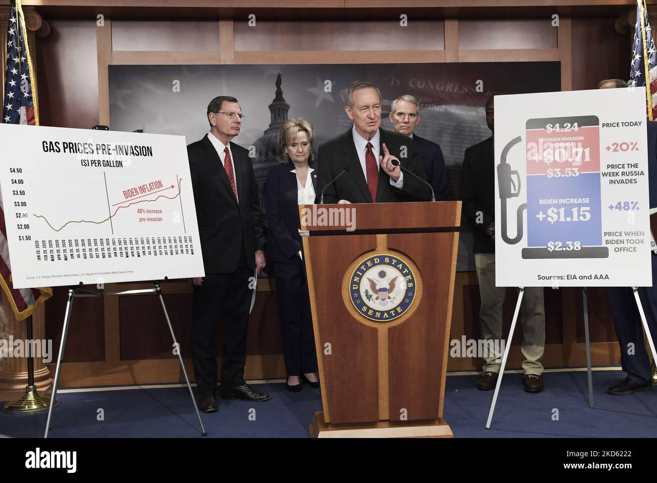 US-Senator Mike Crapo(R-ID) spricht heute auf einer Pressekonferenz im 23 Senate Studio/Capitol Hill in Washington DC, USA, über die Gaspreise 2022. (Foto von Lenin Nolly/NurPhoto) Stockfoto