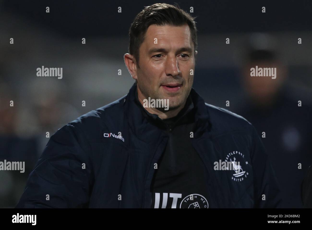 Hartlepool United-Manager Graeme Lee während des Spiels der Sky Bet League 2 zwischen Hartlepool United und Mansfield Town im Victoria Park, Hartlepool, am Dienstag, den 29.. März 2022. (Foto von Mark Fletcher/MI News/NurPhoto) Stockfoto