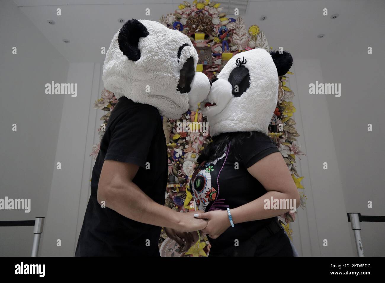 Mitglieder von Los Cumbiosos, einer Musikgruppe aus dem mexikanischen Bundesstaat Veracruz, küssen sich am Ende einer Pressekonferenz im Museum für Volkskunst in Mexiko-Stadt anlässlich des Internationalen Orchideenfestivals in Veracruz, Die Aussteller aus Mexiko-Stadt und Kolumbien als Gastland zusammenbringen wird. Während der Veranstaltung werden mehr als 25 Tausend Blumen ausgestellt, was eine der größten Veranstaltungen auf nationaler Ebene ist, die vom 7. Bis 15. April in der magischen Stadt Coatepec stattfinden wird. (Foto von Gerardo Vieyra/NurPhoto) Stockfoto