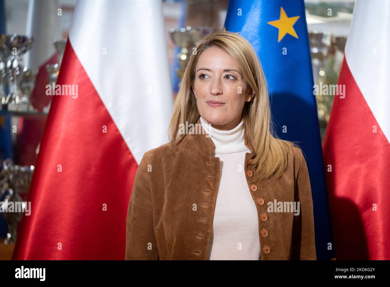 Die Präsidentin des Europäischen Parlaments Roberta Metsola trifft am 2. April 2022 die polnische Premierministerin an der Grundschule Nr. 12 in Otwock, Polen (Foto: Mateusz Wlodarczyk/NurPhoto) Stockfoto