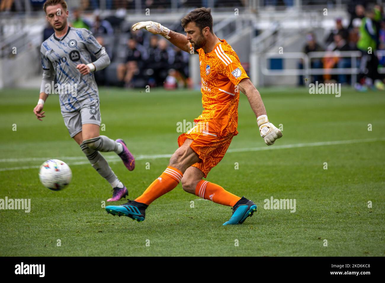 Während eines Fußballspiels der Major League zwischen dem FC Cincinnati und CF Montréal im TQL Stadium in Cincinnati, Ohio. Samstag, 2. April 2022. Montreal besiegte Cincinnati 4:3. (Foto von Jason Whitman/NurPhoto) Stockfoto