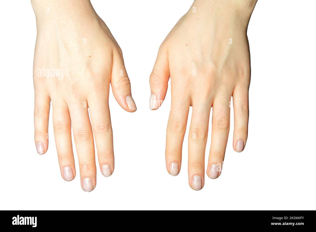 Weibliche Hände vor weißem Hintergrund Stockfoto