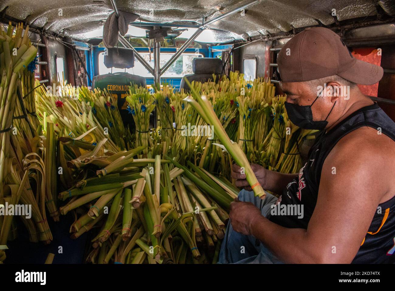 Ein Händler aus der Provinz Laguna bereitet am 9. April 2022 Palmwedel im Jeepney in Antipolo City, Philippinen, für die Feier des Palmsonntages am 10. April vor. Der Palmsonntag markiert den Beginn der Karwoche während der Fastenzeit im römisch-katholischen Kalender. (Foto von Ryan Eduard Benaid/NurPhoto) Stockfoto