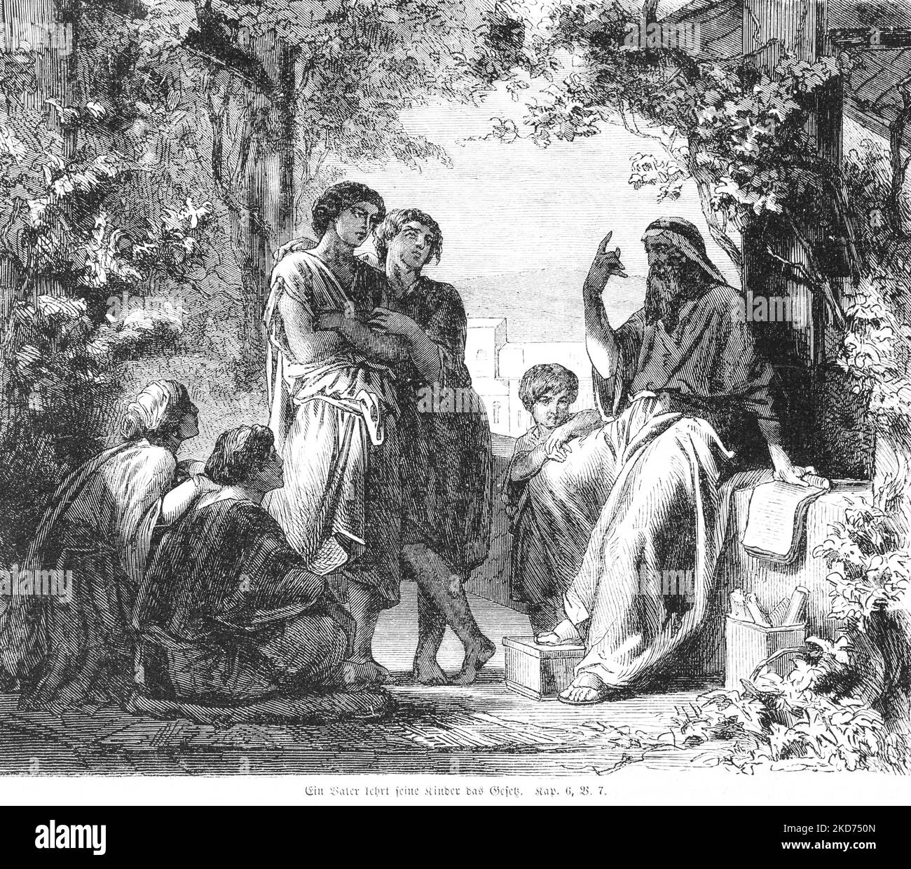 Den Kindern Gottes Worte und das Gesetz beibringen, Bibel, Altes Testament, Fünftes Buch Moses, Kapitel 6, Vers 7 Stockfoto Den Kindern Gottes Worte und das Gesetz beibringen, Bibel, Altes Testament, Fünftes Buch Moses, Kapitel 6, Vers 7 Stockfoto