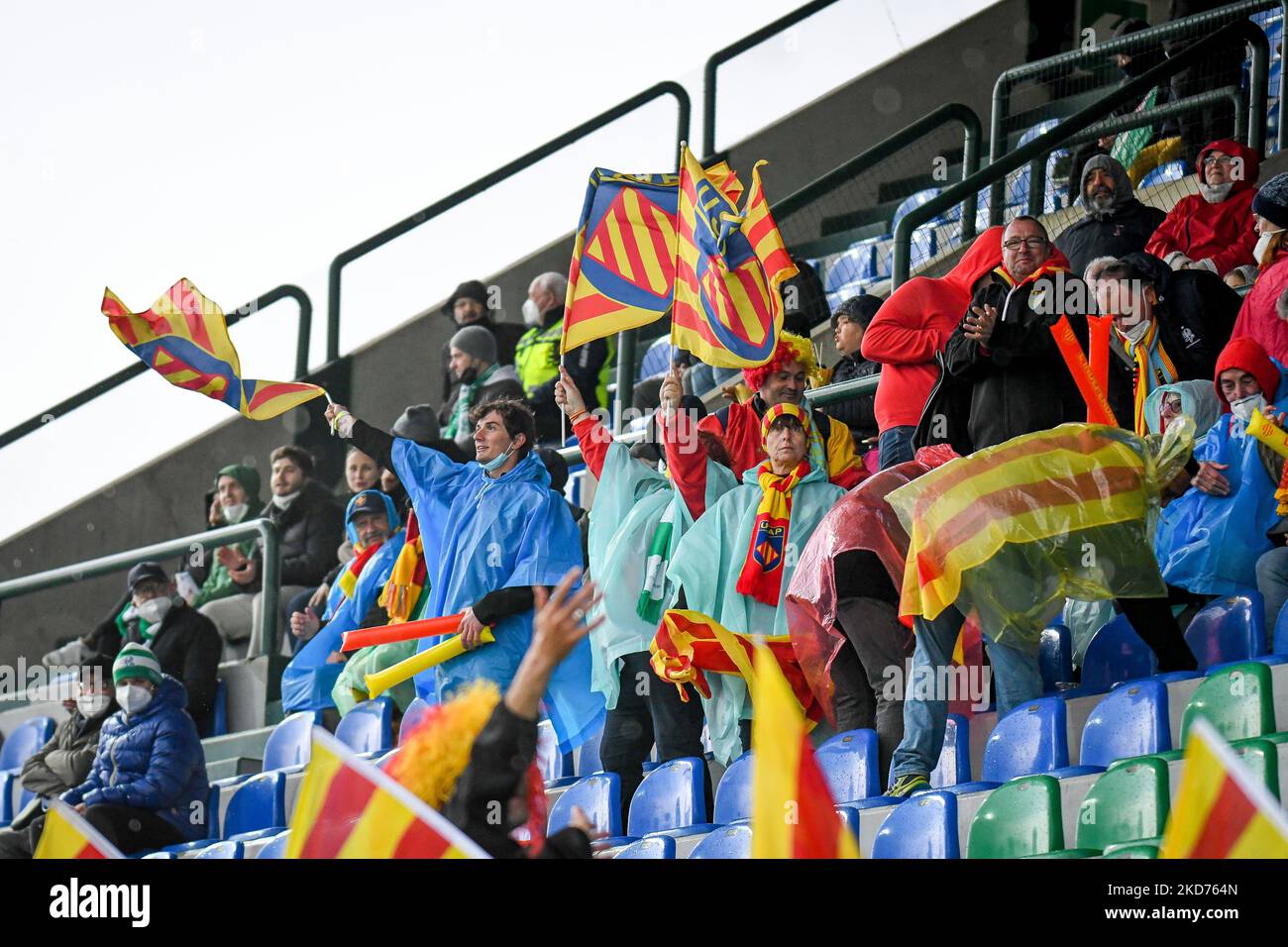 USA Perpignan-Anhänger während des Rugby Challenge Cup Benetton Rugby vs USA Perpignan am 09. April 2022 im Monigo Stadium in Treviso, Italien (Foto von Ettore Griffoni/LiveMedia/NurPhoto) Stockfoto