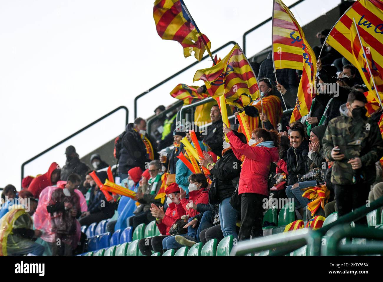 USA Perpignan-Anhänger während des Rugby Challenge Cup Benetton Rugby vs USA Perpignan am 09. April 2022 im Monigo Stadium in Treviso, Italien (Foto von Ettore Griffoni/LiveMedia/NurPhoto) Stockfoto