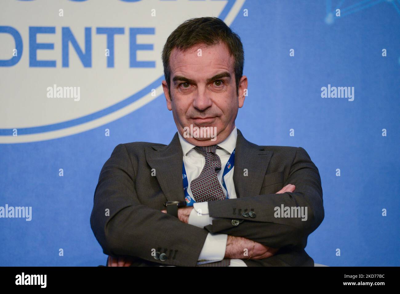 Roberto Occhiuto, Präsident der Region Kalabrien während der Nachrichten zweiten Tag von â € œLâ €™Italia del futuroâ €, Veranstaltung von der politischen Partei Forza Italia organisiert. Am 09. April 2022 im Hotel Parco dei Principi in Rom, Italien (Foto: Gloria Imbrogno/LiveMedia/NurPhoto) Stockfoto