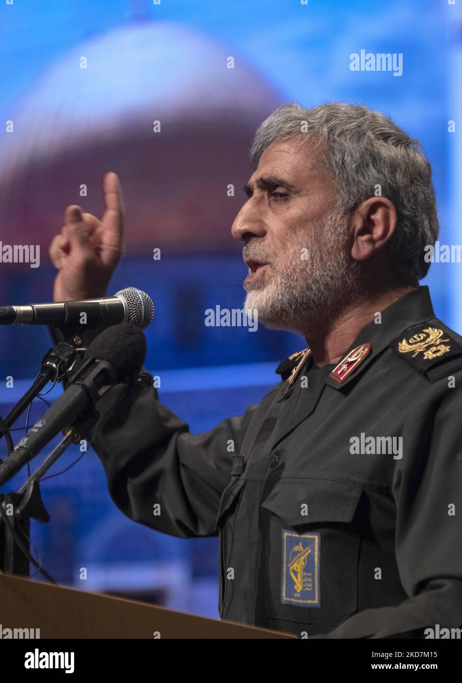 Esmail Qaani, der Kommandeur der Quds Force der Islamischen Revolutionsgarde (IRGC) des Iran, spricht am 14. April 2022 bei einer Zeremonie im Gebäude des iranischen Innenministeriums in der Innenstadt von Teheran. (Foto von Morteza Nikoubazl/NurPhoto) Stockfoto