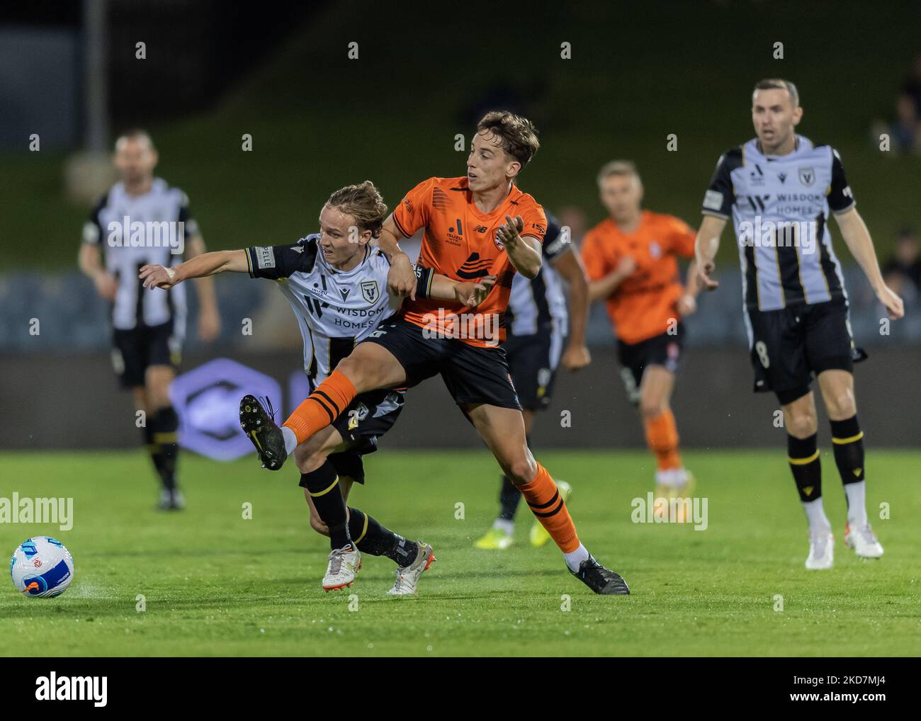 Lachlan Rose of the Bulls tritt am 15. April 2022 im Campbelltown Sports Stadium in Sydney, Australien, beim A-League-Spiel der Herren zwischen dem FC MacArthur und Brisbane Roar um den Ball an. Stockfoto