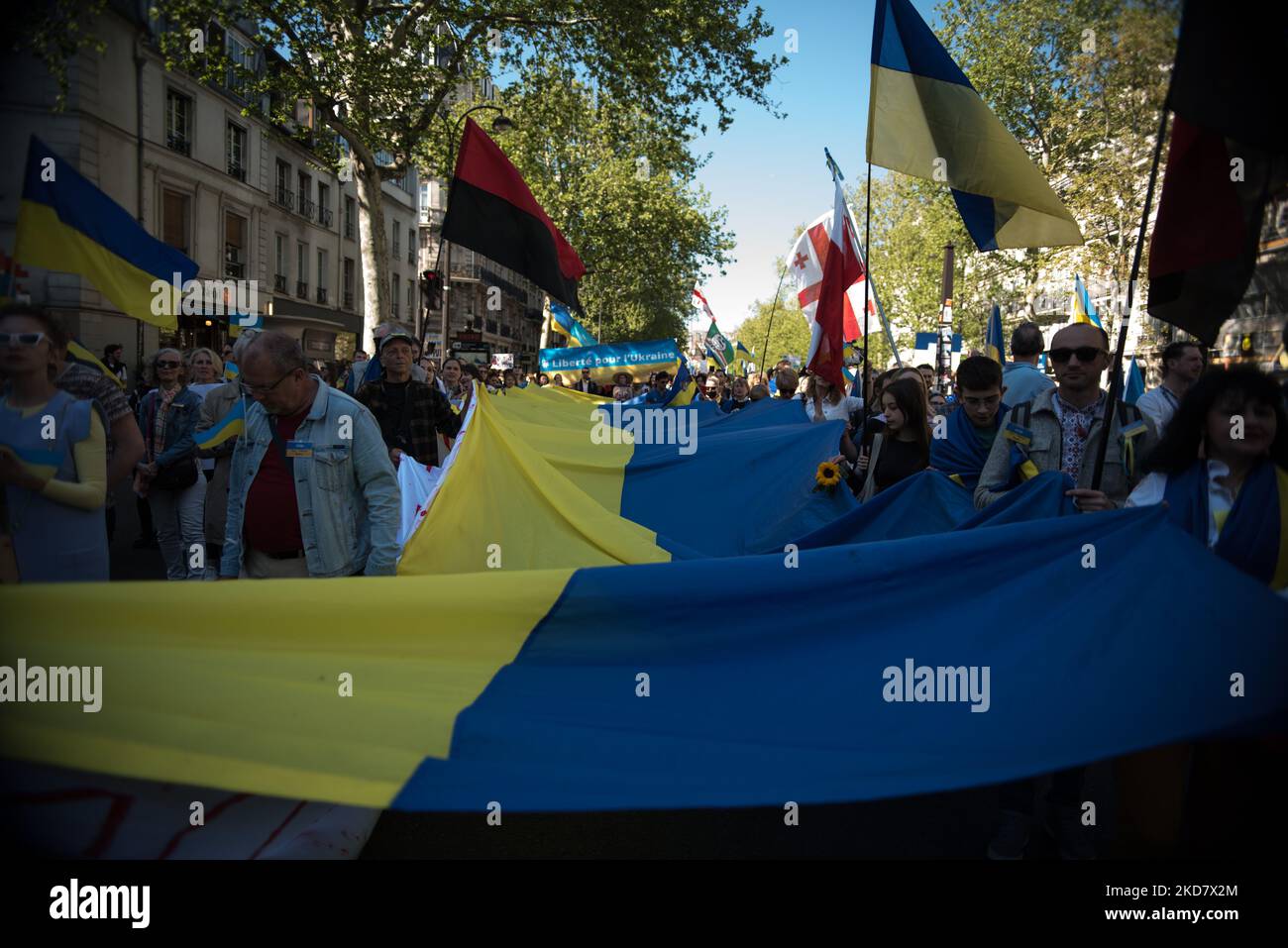 Massen von Demonstranten tragen eine große ukrainische Flagge während des marsches gegen die russische Invasion in Paris am 16. April 2022. (Foto von Andrea Savorani Neri/NurPhoto) Stockfoto