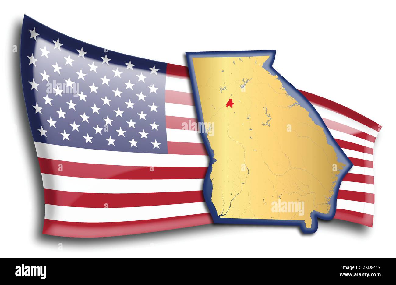 US-Bundesstaaten - Karte von Georgien gegen eine amerikanische Flagge. Flüsse und Seen werden auf der Karte angezeigt. American Flag und State Map können separat und e verwendet werden Stock Vektor