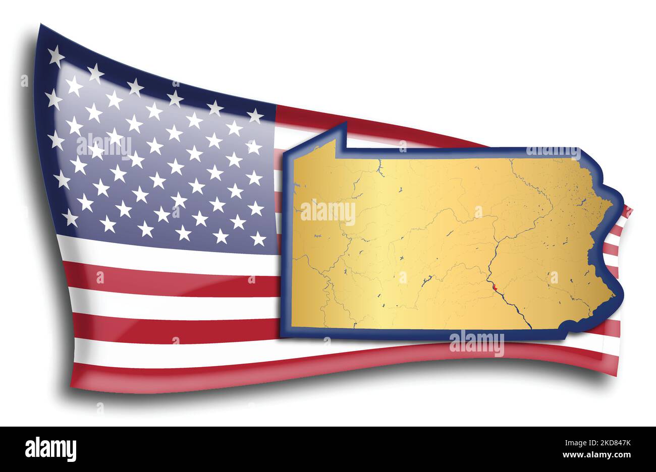 US-Bundesstaaten - Karte von Pennsylvania gegen eine amerikanische Flagge. Flüsse und Seen werden auf der Karte angezeigt. American Flag und State Map können separat verwendet werden Stock Vektor