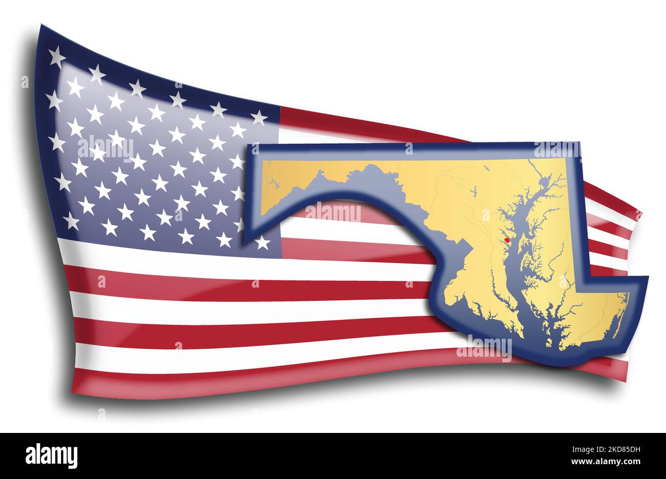 US-Bundesstaaten - Karte von Maryland gegen eine amerikanische Flagge. Flüsse und Seen werden auf der Karte angezeigt. American Flag und State Map können separat und verwendet werden Stock Vektor