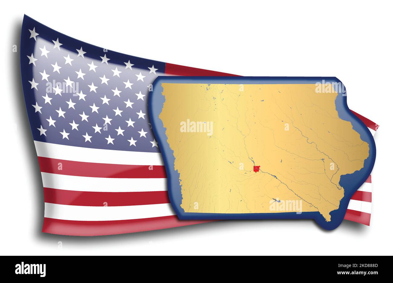 US-Bundesstaaten - Karte von Iowa gegen eine amerikanische Flagge. Flüsse und Seen werden auf der Karte angezeigt. American Flag und State Map können separat und easi verwendet werden Stock Vektor