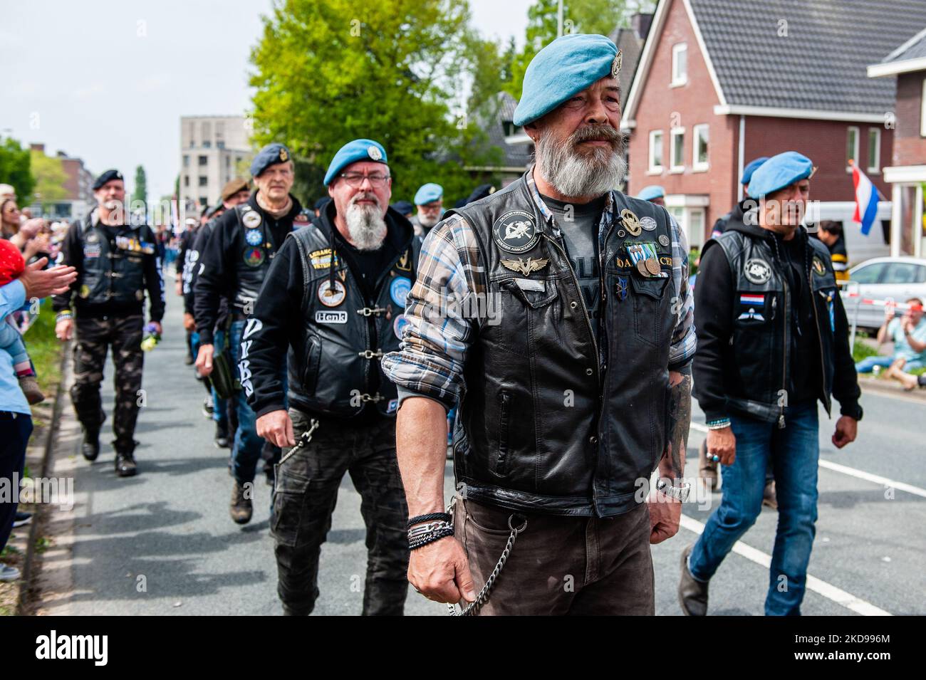 Die niederländische Veteranenbiker-Vereinigung nimmt wieder an der Liberation Parade in Wageningen am 5.. Mai 2022 Teil. (Foto von Romy Arroyo Fernandez/NurPhoto) Stockfoto