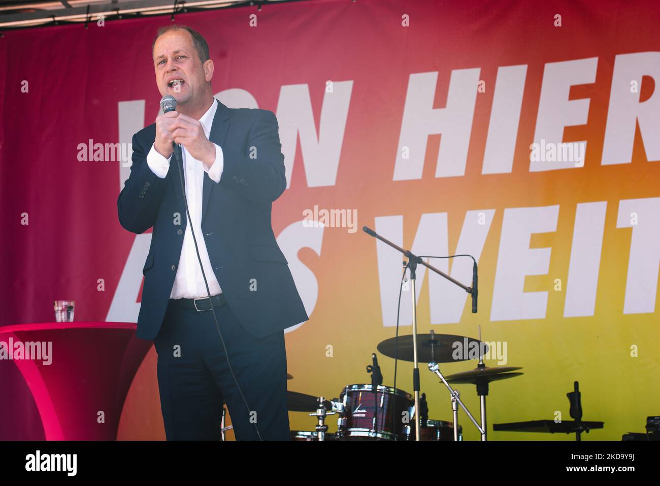 Joachim Stamp, der Spitzenkandidat der FDP-Parteiversammlung am 14. Mai 2022 am Heumarkt in Köln. (Foto von Ying Tang/NurPhoto) Stockfoto