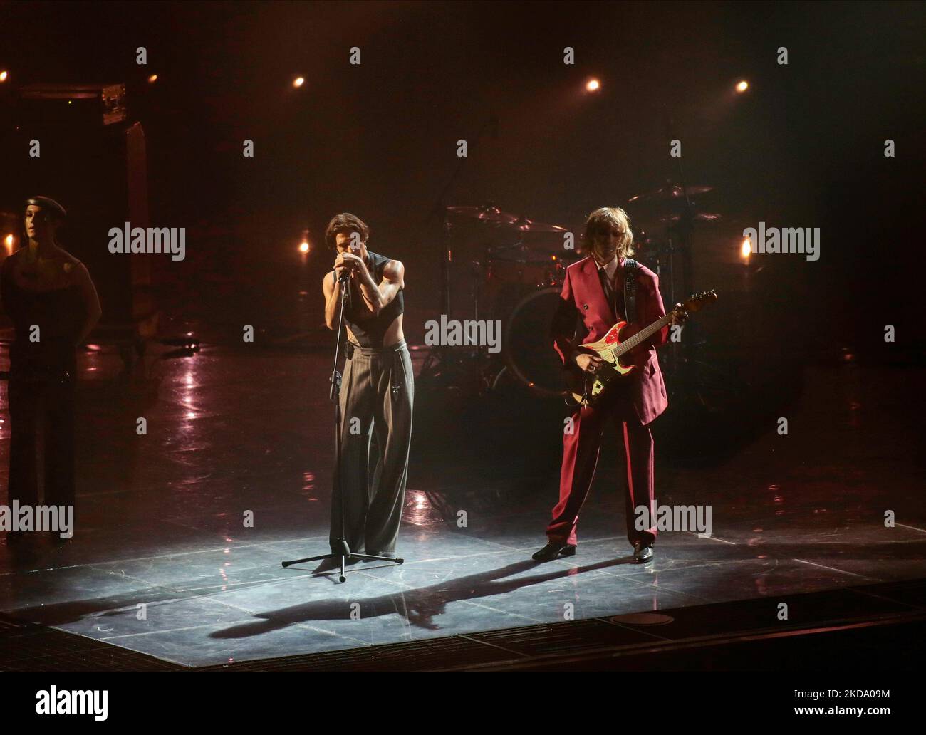 Die Maneskin beim Eurovision Song Contest Grand Final am 14. Mai 2022 in Pala Olimpico, Turin, Italien. Foto Nderim Kaceli (Foto von Nderim Kaceli/LiveMedia/NurPhoto) Stockfoto