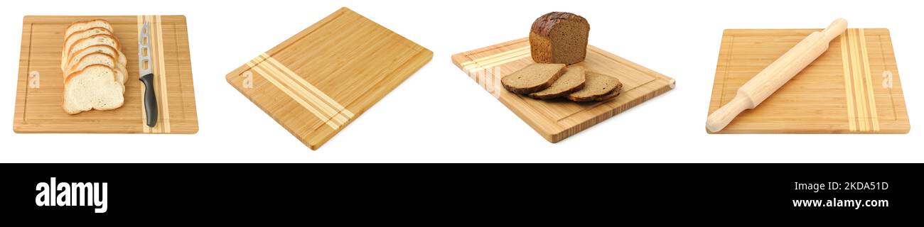 Brotbrett zum Schneiden von Brot, Nudelholz und Brot isoliert auf weißem Hintergrund. Stockfoto