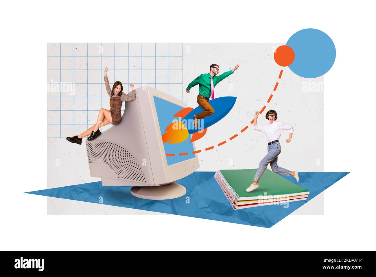 Composite Collage Bild von kleinen Unternehmen Menschen großen Vintage pc Monitor Buch fliegen Zeichnung Rakete isoliert auf kreativen Hintergrund Stockfoto