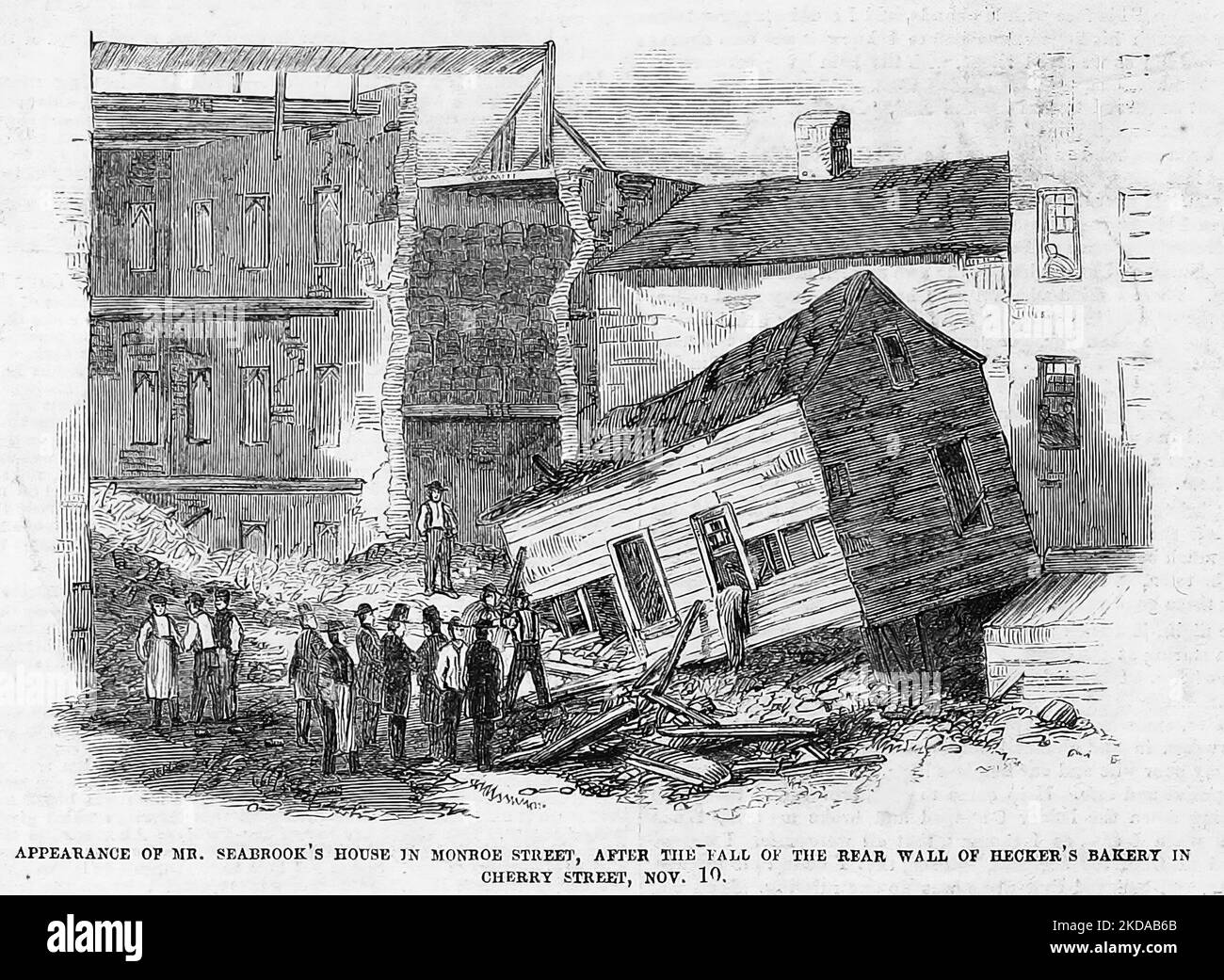 Erscheinung des Hauses von Herrn Seabrook in der Monroe Street, nach dem Fall der Rückwand von Hecker's Bakery in der Cherry Street, 10.. November 1862. 19.. Jahrhundert Illustration aus Frank Leslie's Illustrated Newspaper Stockfoto