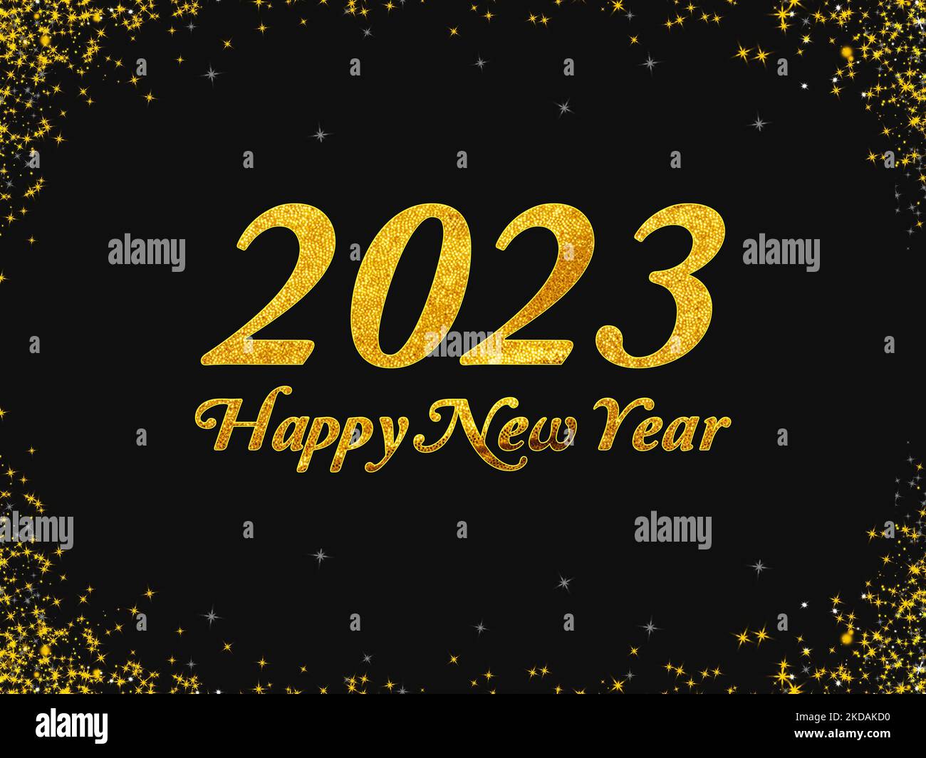 Frohes neues Jahr 2023 schwarz-goldenes Plakat. 3D Abbildung 3D Rendern. Frohes neues Jahr Website Banner. Stockfoto