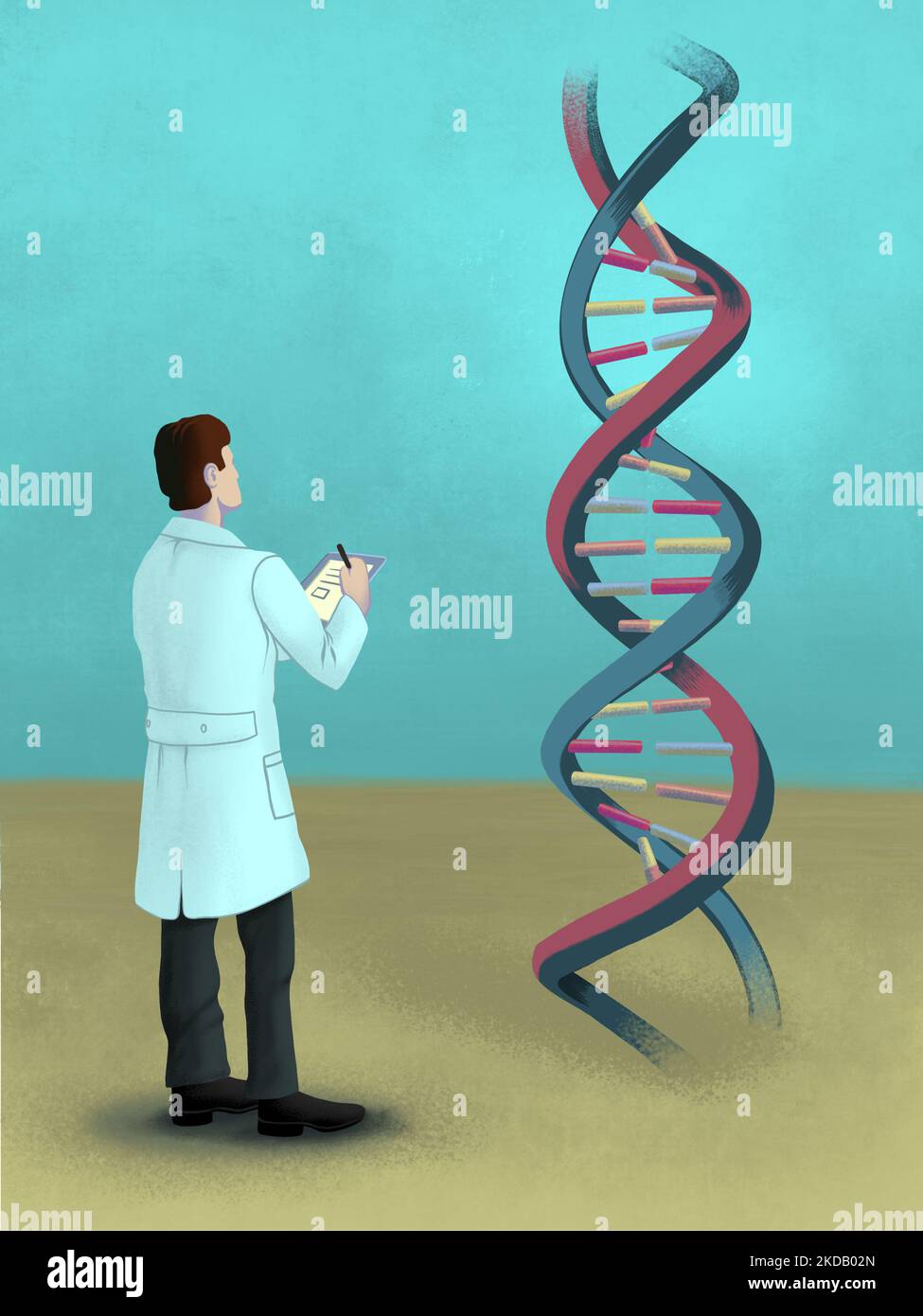 Wissenschaftler hält einen Notizblock und schaut auf eine DNA-Helix. Digitale handbemalte Illustration. Stockfoto