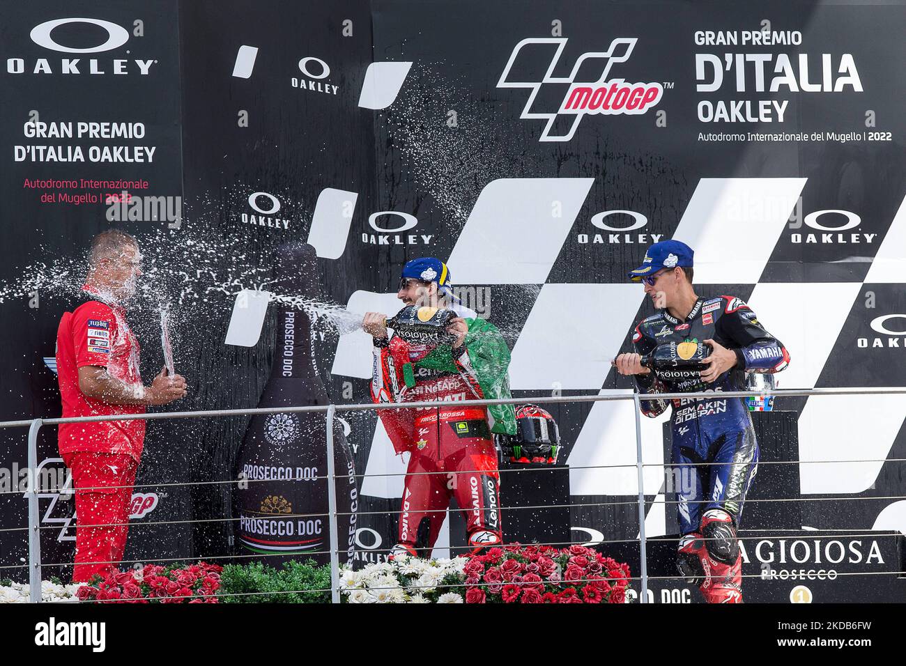 Podium MotoGP während der MotoGP Weltmeisterschaft Gran Premio dâ€™Italia Oakley Rennen am 29. Mai 2022 auf dem Mugello International Circuit in Scarperia (FI), Italien (Foto: Valerio Origo/LiveMedia/NurPhoto) Stockfoto