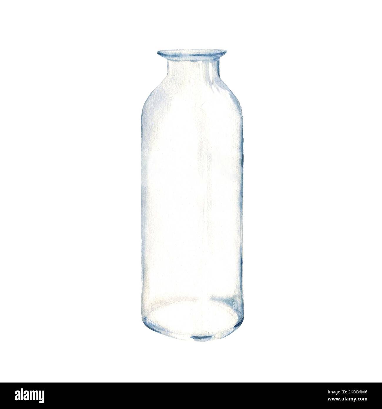 Transparente Glasflasche, Vase, Glas. Aquarell handgezeichnete Illustration auf weißem Hintergrund. Stockfoto