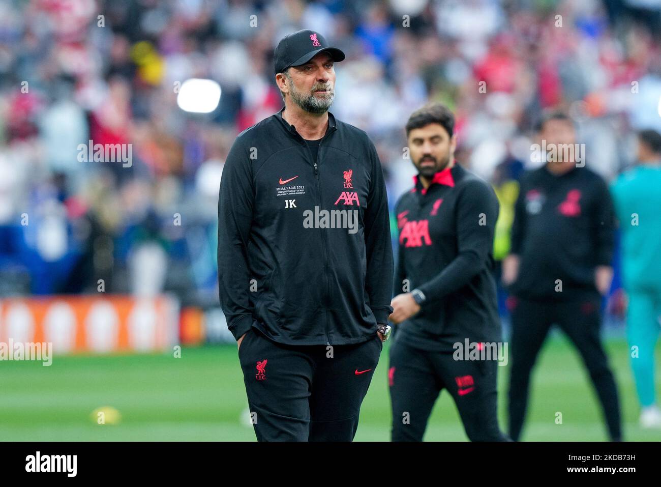 Jurgen Klopp-Manager des FC Liverpool schaut während des UEFA Champions League-Finales zwischen dem FC Liverpool und dem FC Real Madrid am 28. Mai 2022 im Stade de France in Paris, Frankreich, zu. (Foto von Giuseppe Maffia/NurPhoto) Stockfoto