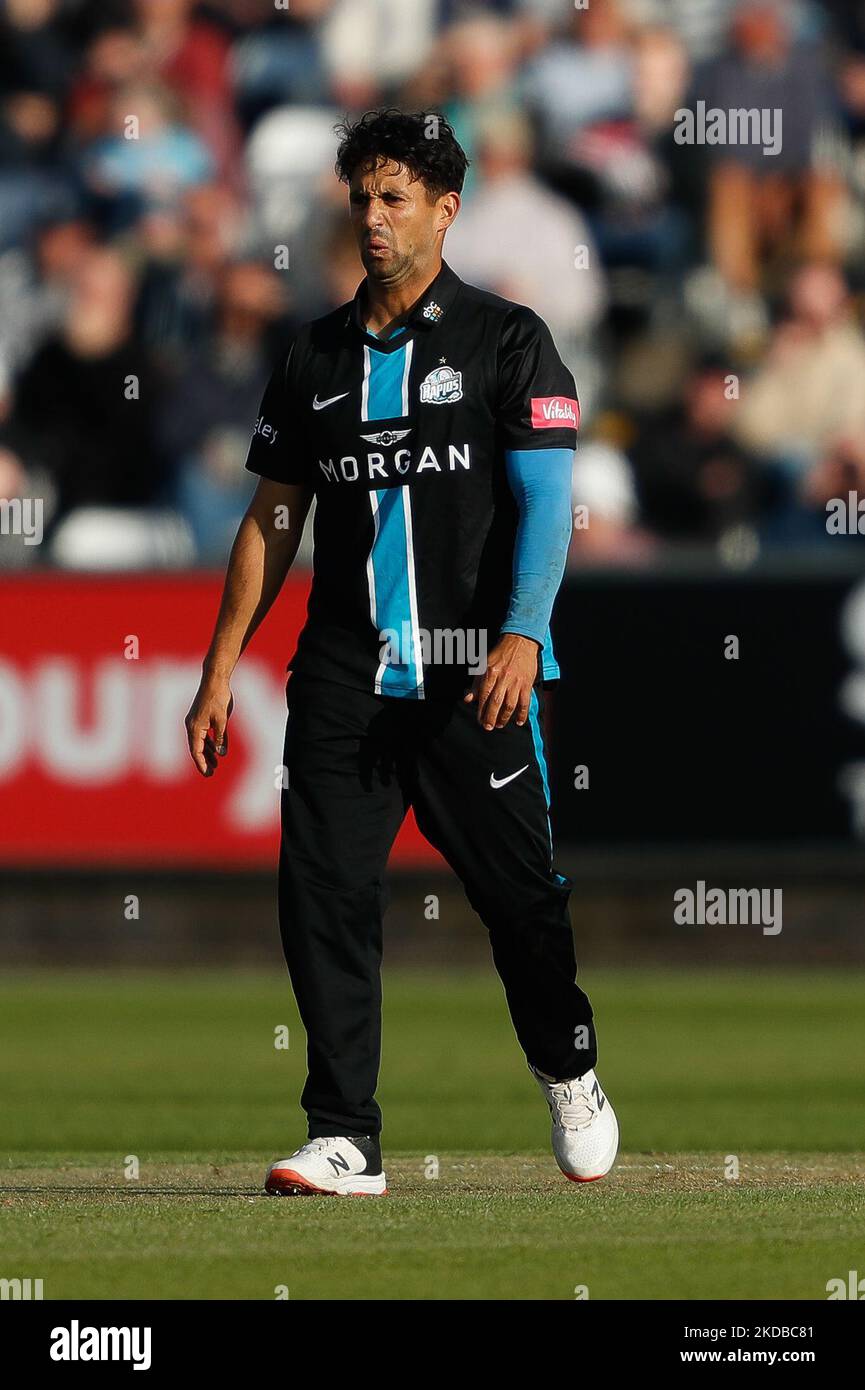 Brett D’Oliveira reagiert während des Charlotte Edwards Cup-Spiels zwischen Northern Diamonds und Loughborough Lightning am Mittwoch, den 1.. Juni 2022, im Seat Unique Riverside, Chester le Street. (Foto von will Matthews/MI News/NurPhoto) Stockfoto