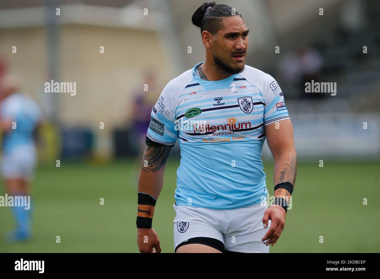 Jesse Sene-Lefao von Featherstone Rovers ist während des WETTLAUFS DER BETFRED Championship zwischen Newcastle Thunder und Featherstone Rovers im Kingston Park, Newcastle am Donnerstag, dem 2.. Juni 2022, abgebildet. (Foto von Chris Lishman/MI News/NurPhoto) Stockfoto