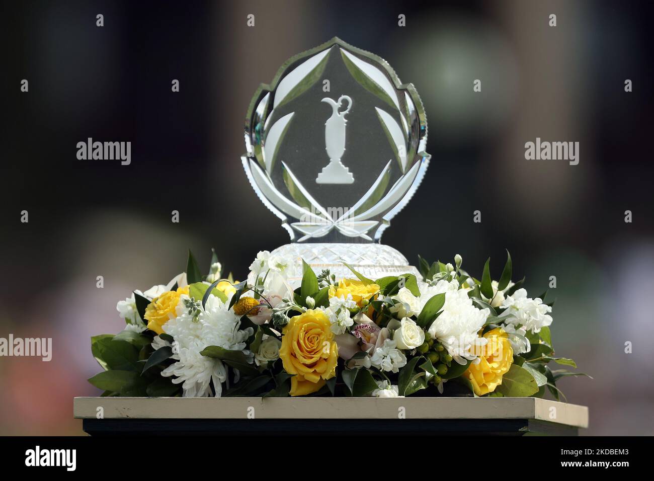 Das Memorial Turnier Tropthy wird am ersten Loch während des Memorial Tournaments, das Workday am Donnerstag, den 2. Juni 2022 im Muirfield Village Golf Club in Dublin, Ohio, USA, präsentiert. (Foto von Jorge Lemus/NurPhoto) Stockfoto