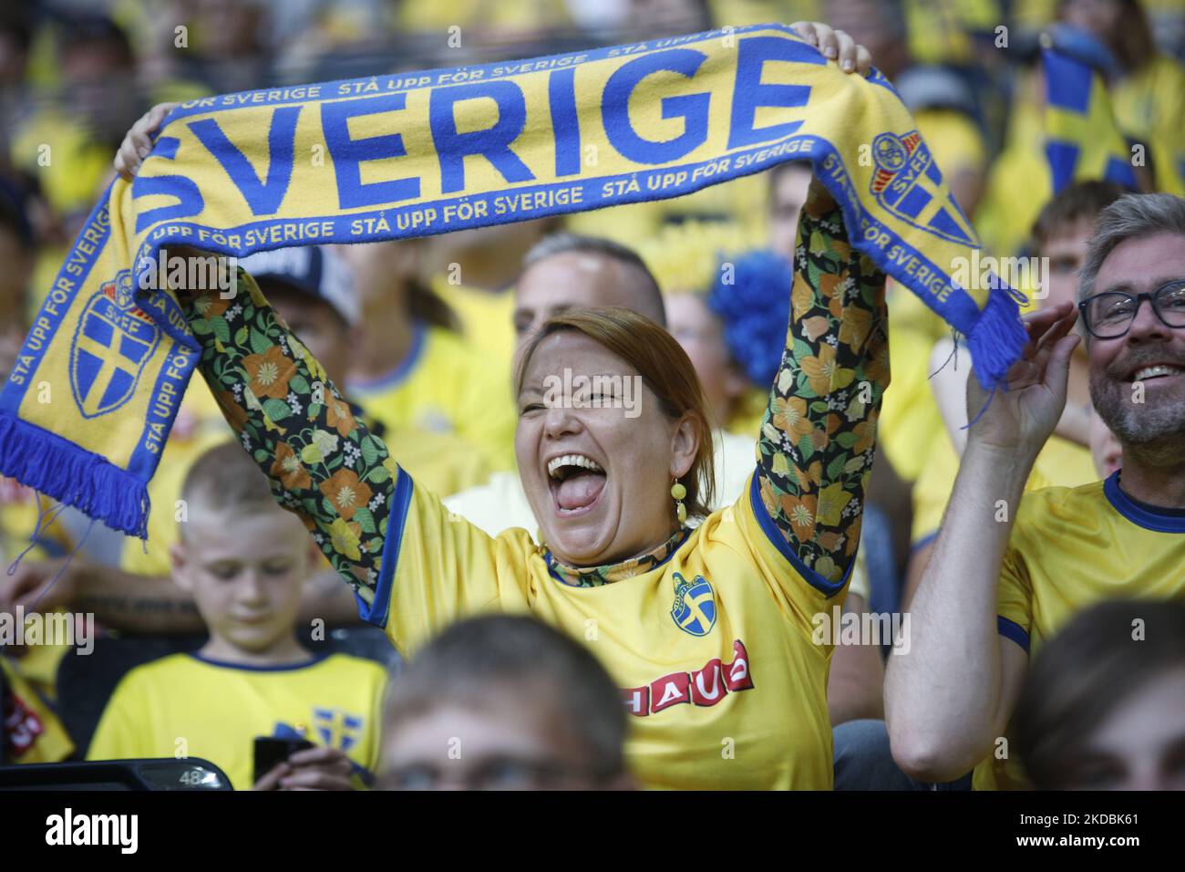 Schwedens Fans beim Fußballspiel in der Nationenliga, Division B, Gruppe 4, zwischen Schweden und Norwegen in der Stadium Friends Arena in Solna am Sonntag. (Foto von Reinaldo Ubilla/NurPhoto) Stockfoto