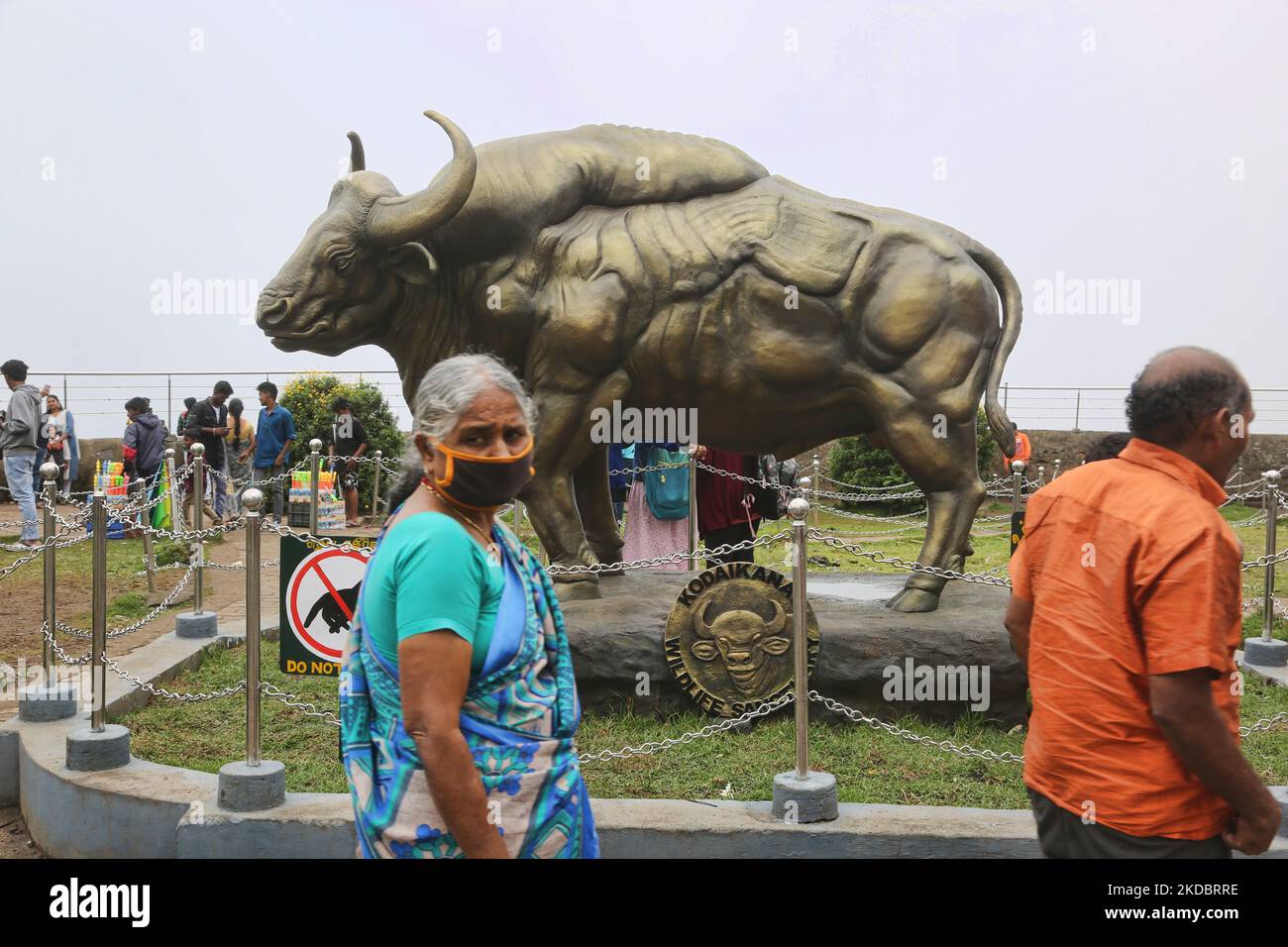 Stierstatue am Moir Point im Kodaikanal, Tamil Nadu, Indien, am 16. Mai 2022. Moir Point ist eine der überfüllten und beliebtesten Attraktionen im Kodaikanal und bietet einen atemberaubenden Blick auf die höchsten Gipfel des Kodaikanal Valley. Moir Point ist nach Sir Thomas Moir benannt, einem Ingenieur, der 1929 die Goschenstraße errichtete. Dieser Punkt verbindet die Berijam Lake Road mit dem Kodaikanal. Am Aussichtspunkt befindet sich ein Denkmal, das an Thomas Moir erinnert. (Foto von Creative Touch Imaging Ltd./NurPhoto) Stockfoto