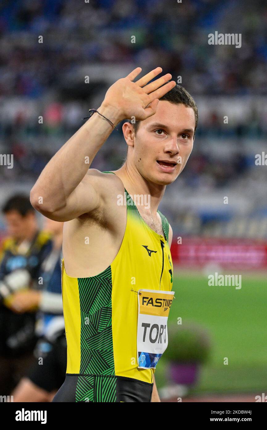 Filippo Tortu (ITA) während der Goldenen Gala der Wanda Diamond League am 09. Juni 2022 im Olympiastadion in Rom (Foto: Fabrizio Corragetti/LiveMedia/NurPhoto) Stockfoto