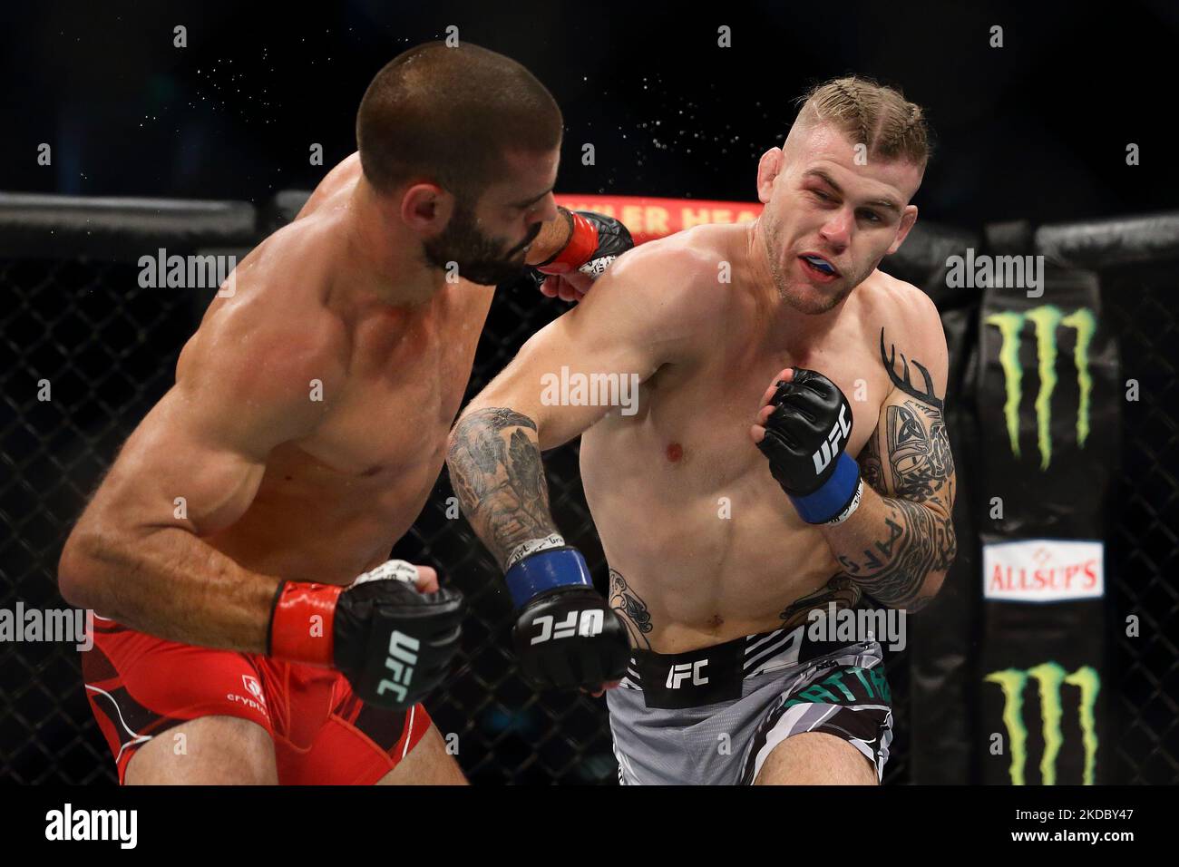 Jake Matthews aus Australien (R) kämpft gegen Andre Fialho aus Portugal im Weltgewichtskampf der Männer während des UFC 275-Events im Singapore Indoor Stadium am 12. Juni 2022 in Singapur. (Foto von Suhaimi Abdullah/NurPhoto) Stockfoto