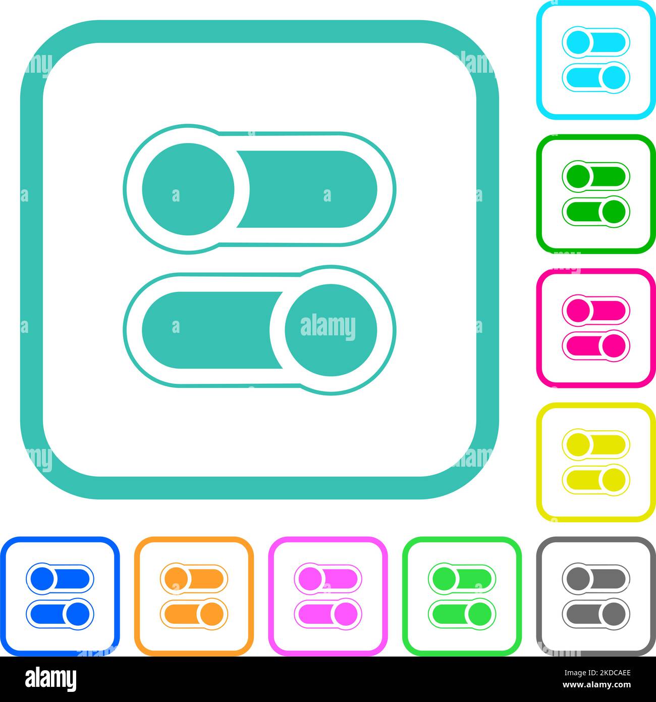 Horizontale Kippschalter wechseln zwischen lebendigen farbigen flachen Symbolen in geschwungenen Rändern auf weißem Hintergrund Stock Vektor