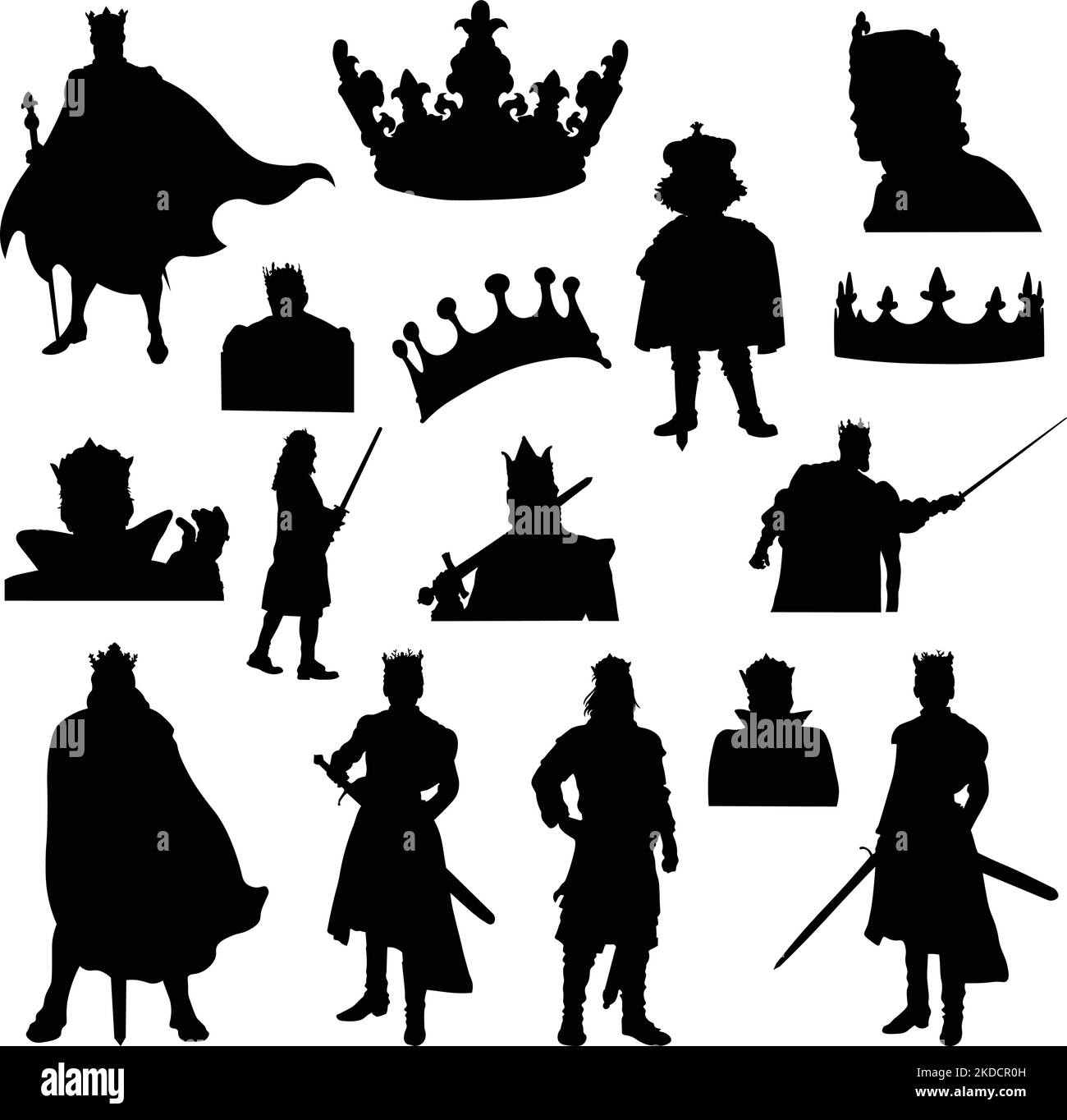 Eine mittelalterliche Königssilhouette in verschiedenen Posen mit Kronen und Schwertern Stock Vektor