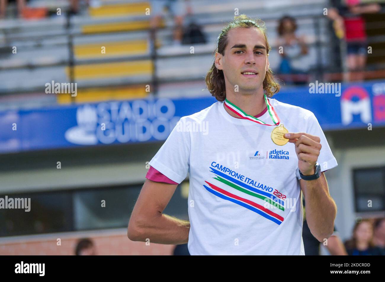 Der Goldmedaillengewinnerin der Olympischen Spiele in Tokio, Gianmarco Tamberi, während der italienischen absoluten Leichtathletik-Meisterschaften. Am 26. Juni 2022 in Rieti, Italien. (Foto von Riccardo Fabi/NurPhoto) Stockfoto