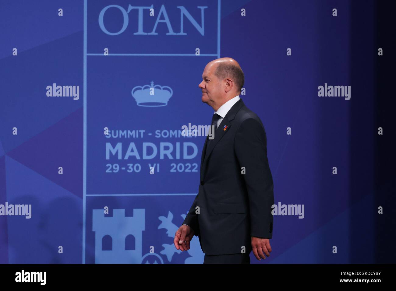 Bundeskanzler Olaf Scholz bei der Begrüßungszeremonie des NATO-Gipfels am 29. Juni 2022 in Madrid, Spanien. (Foto von Jakub Porzycki/NurPhoto) Stockfoto