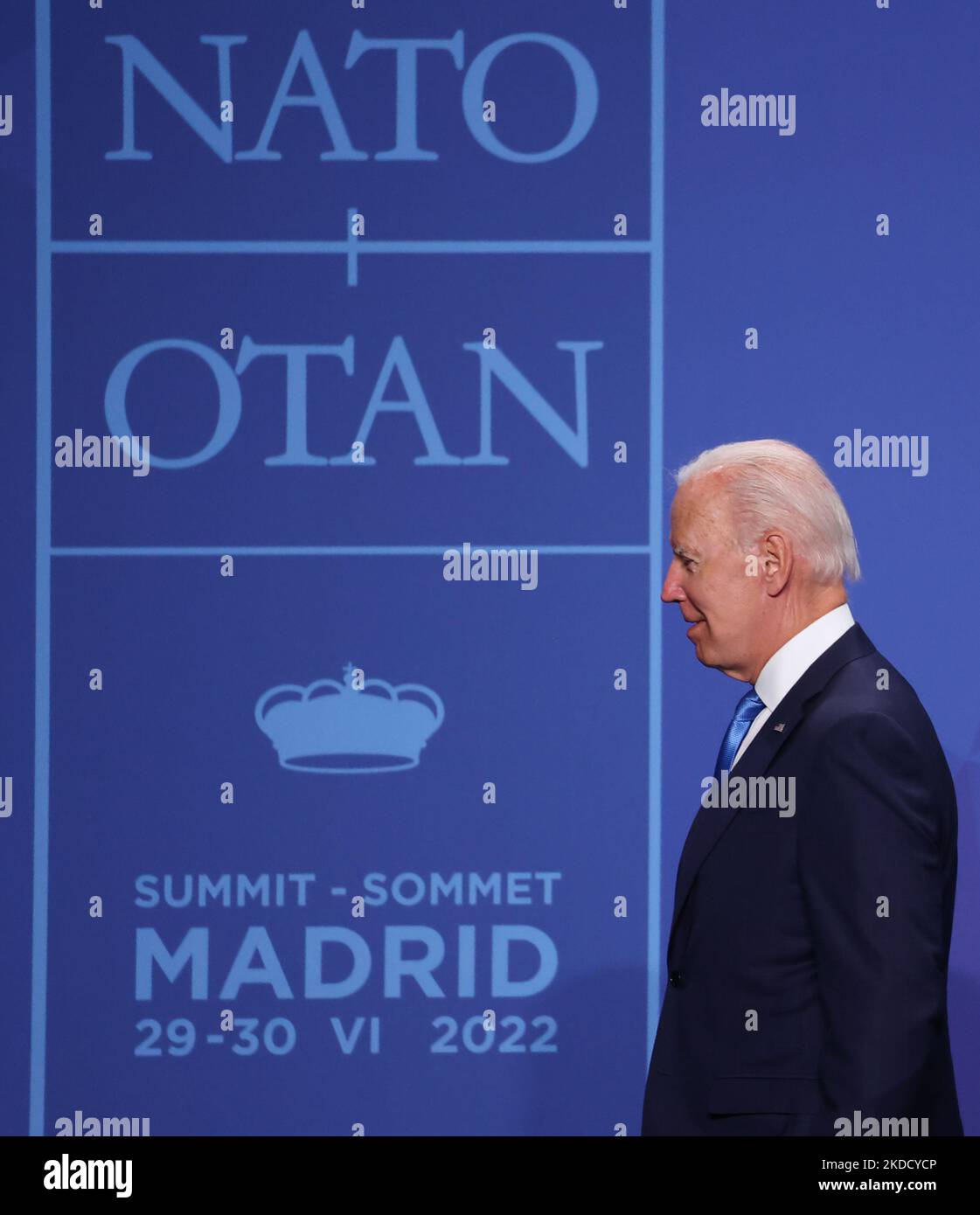 Präsident der Vereinigten Staaten Joe Biden während der Begrüßungszeremonie des NATO-Gipfels in Madrid, Spanien, am 29. Juni 2022. (Foto von Jakub Porzycki/NurPhoto) Stockfoto