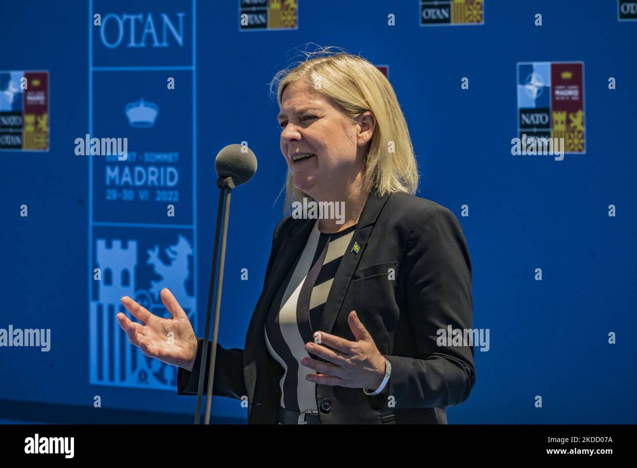Magdalena Andersson, Premierministerin Schwedens, bei der Eröffnungszeremonie des NATO-Gipfels in Madrid, Spanien. (Foto von Celestino Arce/NurPhoto) Stockfoto