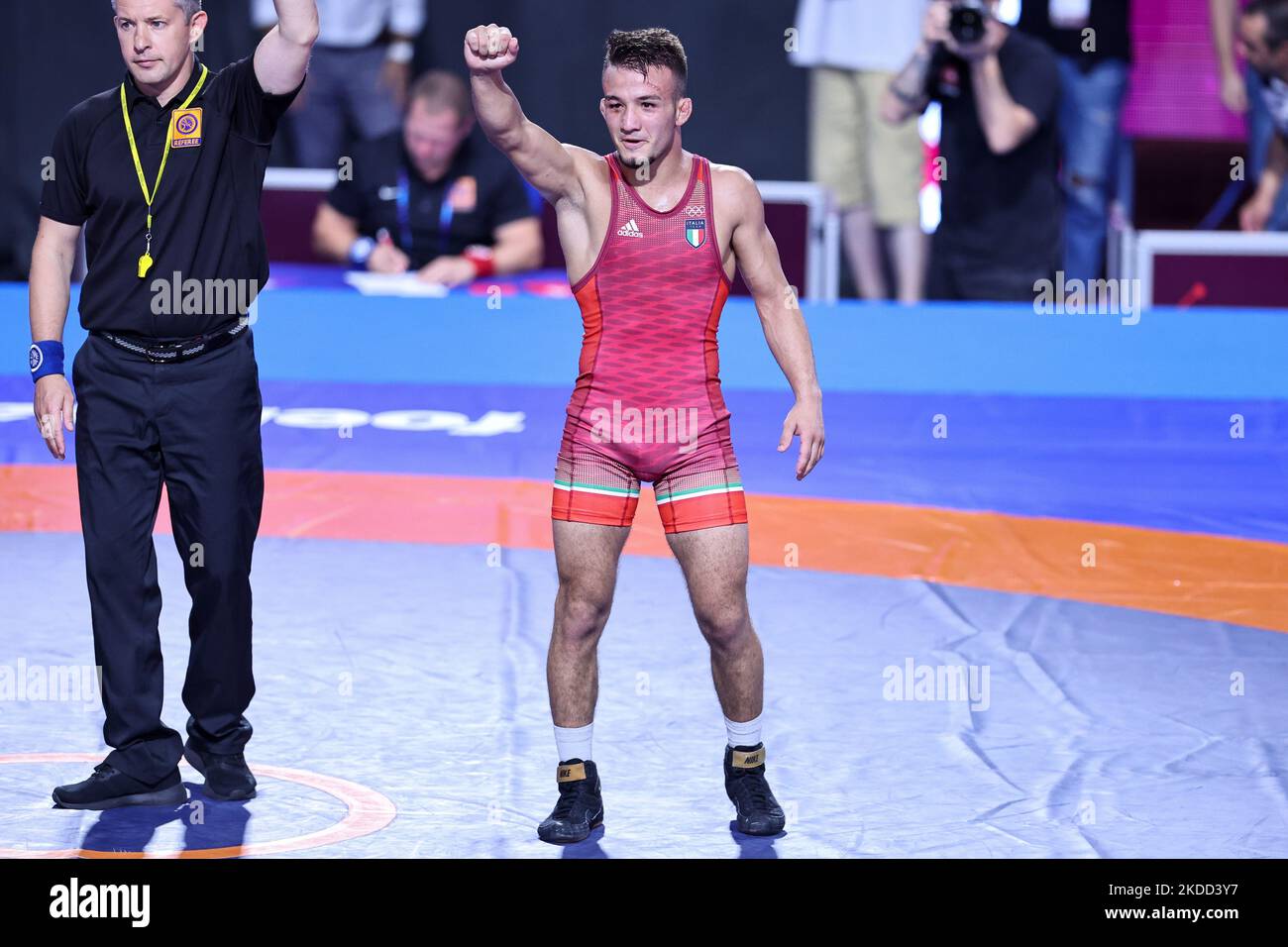 Jubel Simone Vincenzo Piroddu (ITA) FS 57kg während der Wrestling U20 Europameisterschaft am 02. Juli 2022 im Matteo Pellicone in Rom, Italien (Foto: Luigi Mariani/LiveMedia/NurPhoto) Stockfoto